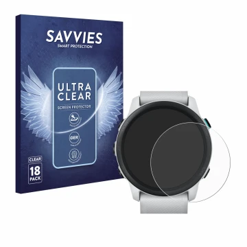 Face avant d’un emballage produit avec le logo de la marque Savvies. À côté, l’appareil Garmin Forerunner 745 est représenté a