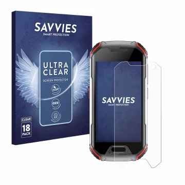 Face avant d’un emballage produit avec le logo de la marque Savvies. À côté, l’appareil Unihertz Atom L est représenté avec la