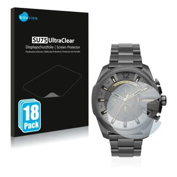 Face avant d’un emballage produit avec le logo de la marque Savvies. À côté, l’appareil Diesel Chronograph DZ4466 est représen