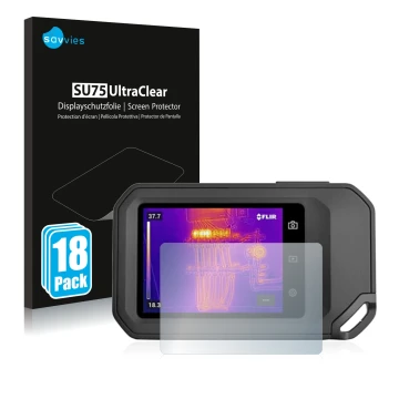 Face avant d’un emballage produit avec le logo de la marque Savvies. À côté, l’appareil Flir C5 est représenté avec la protect