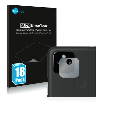 Face avant d’un emballage produit avec le logo de la marque Savvies. À côté, l’appareil Google Pixel 4a 5G (Caméra UNIQUEMENT)