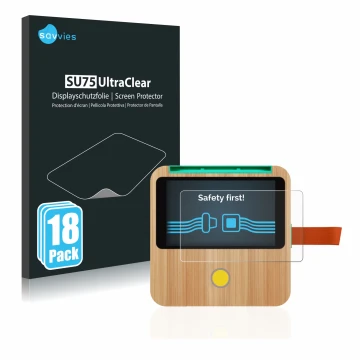 Face avant d’un emballage produit avec le logo de la marque Savvies. À côté, l’appareil tigerbox Touch est représenté avec la 