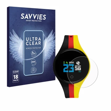 Face avant d’un emballage produit avec le logo de la marque Savvies. À côté, l’appareil Xlyne X-Watch EuroChamp est représenté