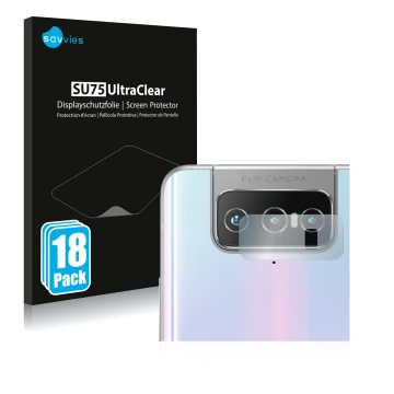 Face avant d’un emballage produit avec le logo de la marque Savvies. À côté, l’appareil ASUS Zenfone 7 Pro ZS671KS (Caméra UNI