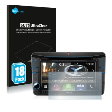 Face avant d’un emballage produit avec le logo de la marque Savvies. À côté, l’appareil Kenwood DNX518VDABS est représenté ave