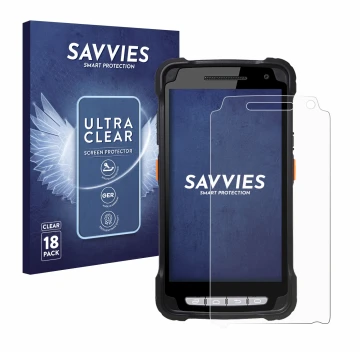 Face avant d’un emballage produit avec le logo de la marque Savvies. À côté, l’appareil Point Mobile PM90 est représenté avec 