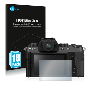 Face avant d’un emballage produit avec le logo de la marque Savvies. À côté, l’appareil Fujifilm X-S10 est représenté avec la 