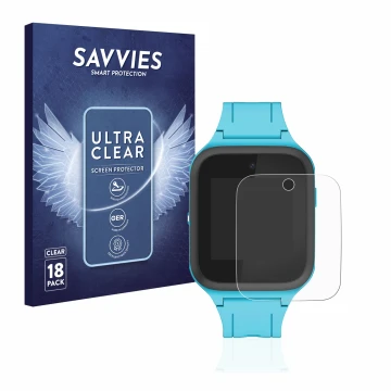 Face avant d’un emballage produit avec le logo de la marque Savvies. À côté, l’appareil TCL Movetime FamilyWatch Kids MT40X es