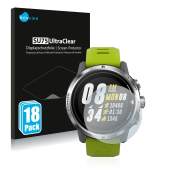 Face avant d’un emballage produit avec le logo de la marque Savvies. À côté, l’appareil Coros Apex Pro est représenté avec la 