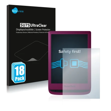 Face avant d’un emballage produit avec le logo de la marque Savvies. À côté, l’appareil PocketBook Touch Lux 5 est représenté 