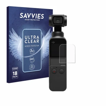 Face avant d’un emballage produit avec le logo de la marque Savvies. À côté, l’appareil DJI Osmo Pocket 2 est représenté avec 