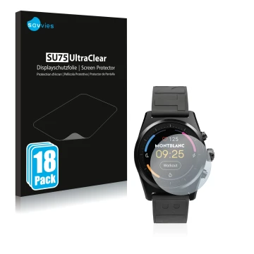 Face avant d’un emballage produit avec le logo de la marque Savvies. À côté, l’appareil Montblanc Summit Lite est représenté a