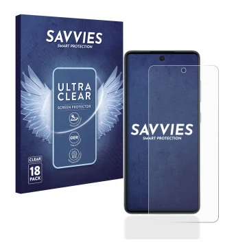 Face avant d’un emballage produit avec le logo de la marque Savvies. À côté, l’appareil Samsung Galaxy A52 5G est représenté a