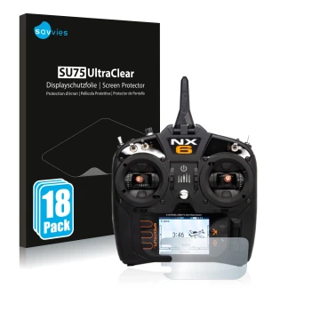 Face avant d’un emballage produit avec le logo de la marque Savvies. À côté, l’appareil Spektrum NX6 est représenté avec la pr