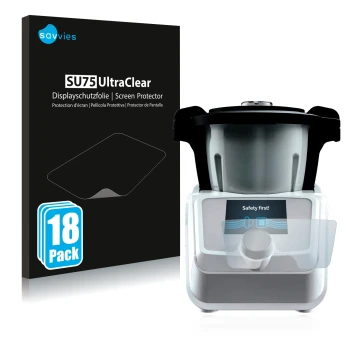 Face avant d’un emballage produit avec le logo de la marque Savvies. À côté, l’appareil SilverCrest Mini Monsieur Cuisine Conn