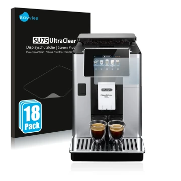 Face avant d’un emballage produit avec le logo de la marque Savvies. À côté, l’appareil DeLonghi PrimaDonna Soul ECAM610.55.SB