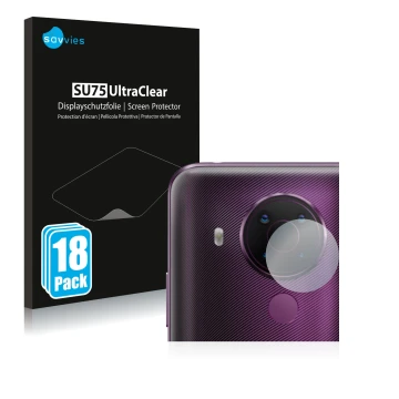 Face avant d’un emballage produit avec le logo de la marque Savvies. À côté, l’appareil Nokia 5.4 (Caméra UNIQUEMENT) est repr