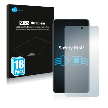 Face avant d’un emballage produit avec le logo de la marque Savvies. À côté, l’appareil Samsung Galaxy A52 est représenté avec