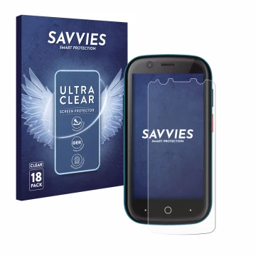 Face avant d’un emballage produit avec le logo de la marque Savvies. À côté, l’appareil Unihertz Jelly 2 est représenté avec l