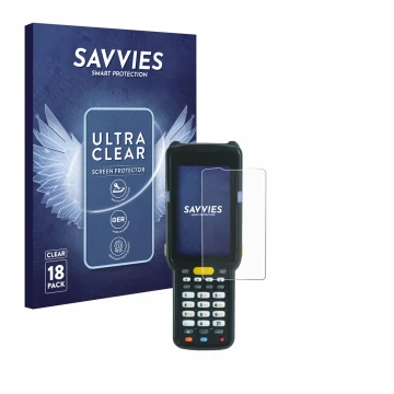 Face avant d’un emballage produit avec le logo de la marque Savvies. À côté, l’appareil Zebra MC3300X est représenté avec la p