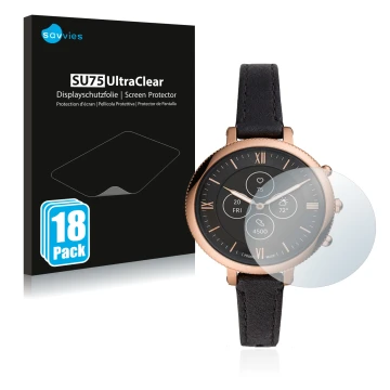 Face avant d’un emballage produit avec le logo de la marque Savvies. À côté, l’appareil Fossil Monroe Hybrid HR est représenté