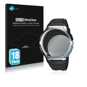 Face avant d’un emballage produit avec le logo de la marque Savvies. À côté, l’appareil Casio Wave Ceptor WV-58 est représenté