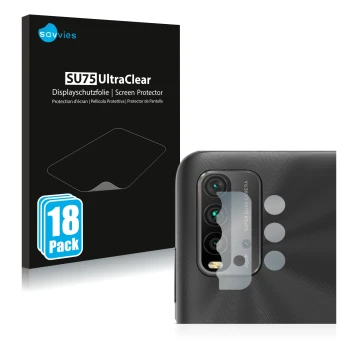 Face avant d’un emballage produit avec le logo de la marque Savvies. À côté, l’appareil Xiaomi Redmi 9T (Caméra UNIQUEMENT) es