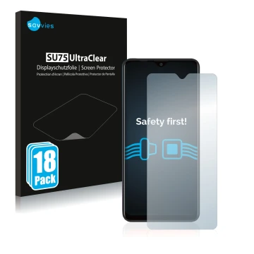 Face avant d’un emballage produit avec le logo de la marque Savvies. À côté, l’appareil Blackview A80 Plus est représenté avec