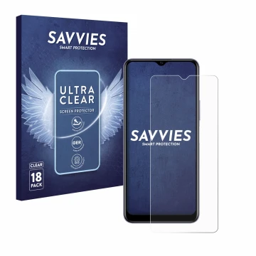 Face avant d’un emballage produit avec le logo de la marque Savvies. À côté, l’appareil Vivo Y20G est représenté avec la prote