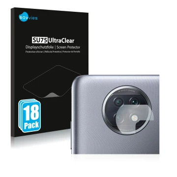 Face avant d’un emballage produit avec le logo de la marque Savvies. À côté, l’appareil Xiaomi Redmi Note 9T 5G (Caméra UNIQUE