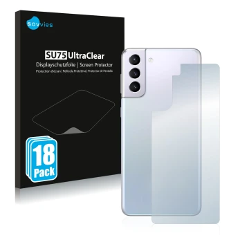 Face avant d’un emballage produit avec le logo de la marque Savvies. À côté, l’appareil Samsung Galaxy S21 (Arrière) est repré