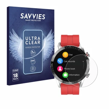 Face avant d’un emballage produit avec le logo de la marque Savvies. À côté, l’appareil Gentleman Smartwatch est représenté av