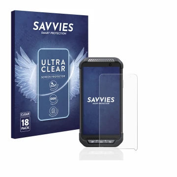 Face avant d’un emballage produit avec le logo de la marque Savvies. À côté, l’appareil Point Mobile PM85 est représenté avec 