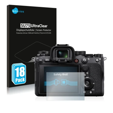 Face avant d’un emballage produit avec le logo de la marque Savvies. À côté, l’appareil Sony Alpha 1 est représenté avec la pr