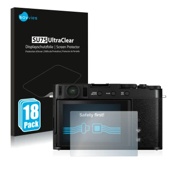 Face avant d’un emballage produit avec le logo de la marque Savvies. À côté, l’appareil Fujifilm X-E4 est représenté avec la p