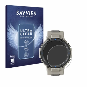 Face avant d’un emballage produit avec le logo de la marque Savvies. À côté, l’appareil Huami Amazfit T-Rex Pro est représenté