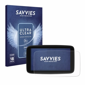 Face avant d’un emballage produit avec le logo de la marque Savvies. À côté, l’appareil TomTom GO Discover 7