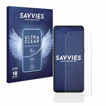 Face avant d’un emballage produit avec le logo de la marque Savvies. À côté, l’appareil Oppo Find X3 Lite est représenté avec 
