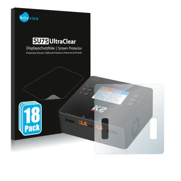 Face avant d’un emballage produit avec le logo de la marque Savvies. À côté, l’appareil ISDT Smart Duo Charger K2 est représen