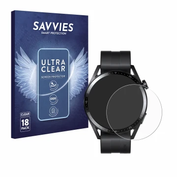 Face avant d’un emballage produit avec le logo de la marque Savvies. À côté, l’appareil Huawei Watch GT 3 (46 mm) est représen