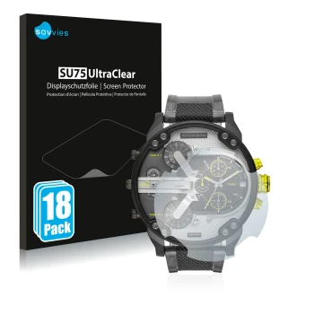 Face avant d’un emballage produit avec le logo de la marque Savvies. À côté, l’appareil Diesel DZ7422 Mr. Daddy 2.0 est représ