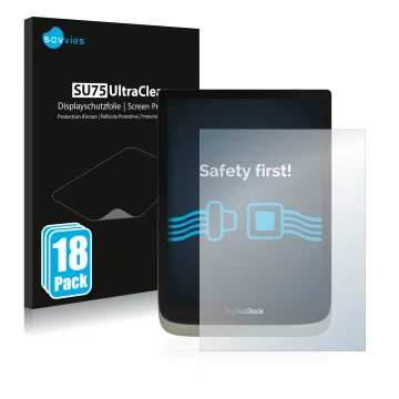 Face avant d’un emballage produit avec le logo de la marque Savvies. À côté, l’appareil PocketBook InkPad Color est représenté