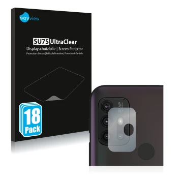 Face avant d’un emballage produit avec le logo de la marque Savvies. À côté, l’appareil Motorola Moto G30 (Caméra UNIQUEMENT) 