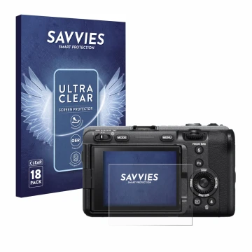 Face avant d’un emballage produit avec le logo de la marque Savvies. À côté, l’appareil Sony FX3 est représenté avec la protec