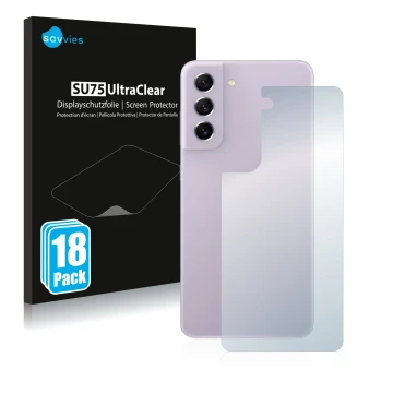 Face avant d’un emballage produit avec le logo de la marque Savvies. À côté, l’appareil Samsung Galaxy S21 FE 5G (Arrière) est