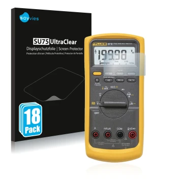 Face avant d’un emballage produit avec le logo de la marque Savvies. À côté, l’appareil Fluke 87v est représenté avec la prote