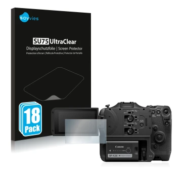 Face avant d’un emballage produit avec le logo de la marque Savvies. À côté, l’appareil Canon EOS C70 est représenté avec la p