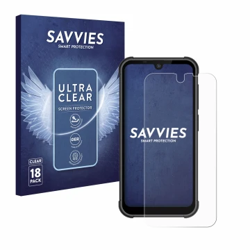 Face avant d’un emballage produit avec le logo de la marque Savvies. À côté, l’appareil Beafon MX1 est représenté avec la prot