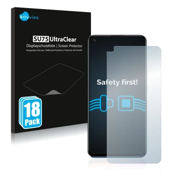 Face avant d’un emballage produit avec le logo de la marque Savvies. À côté, l’appareil realme 8 est représenté avec la protec