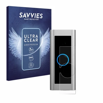 Face avant d’un emballage produit avec le logo de la marque Savvies. À côté, l’appareil Ring Video Doorbell Pro 2 est représen